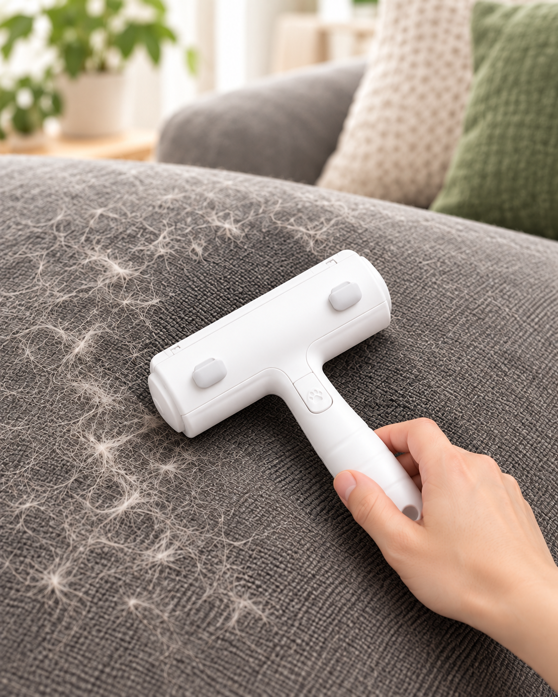 Pawelixa FurLift Pro being used as a pet hair remover brush on a couch to easily collect pet hair.