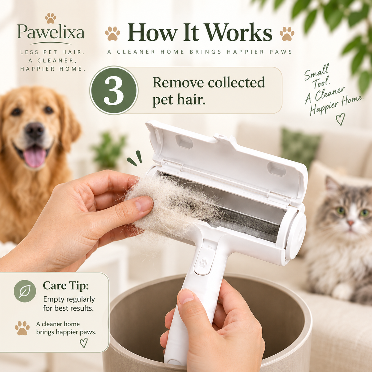 Pawelixa FurLift Pro in use, removing collected pet hair from furniture for a cleaner home.