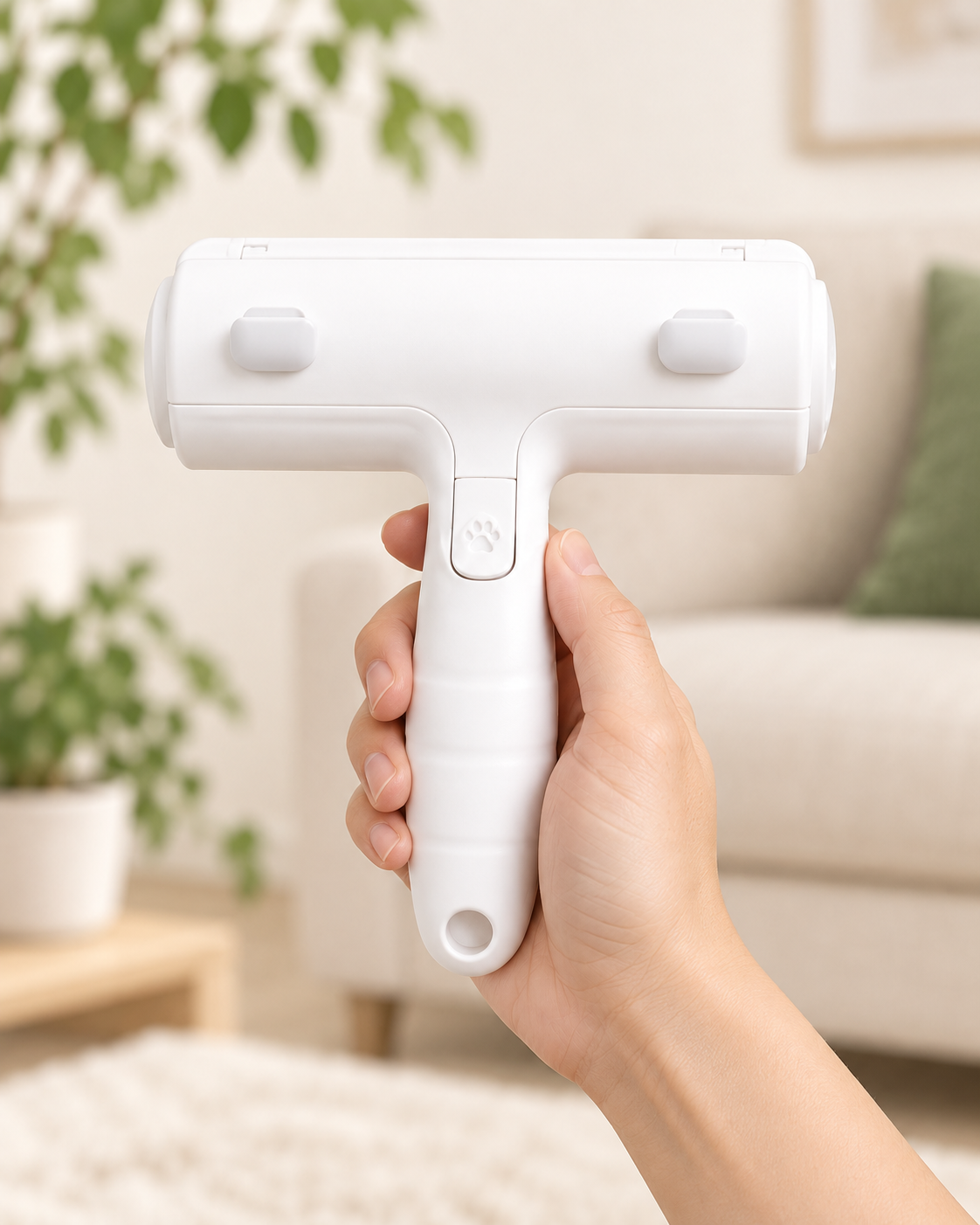 Pawelixa FurLift Pro pet hair remover brush in hand, designed for easy cleaning of pet hair from fabrics.