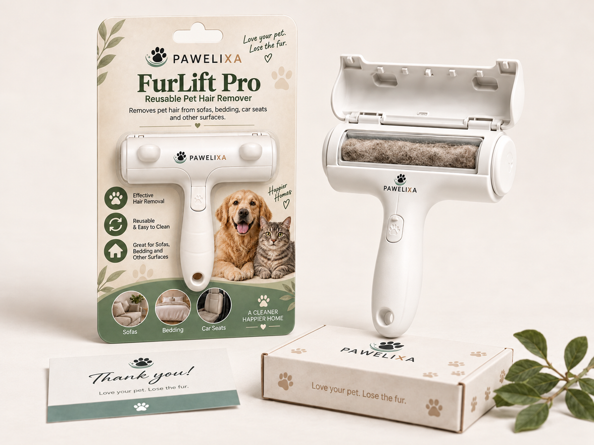 Pawelixa FurLift Pro Reusable Pet Hair Remover with packaging and thank you note for effective pet hair cleaning.