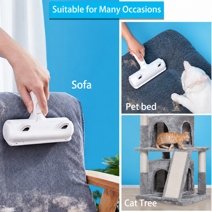 Pawelixa FurLift Pro removing pet hair from sofa, pet bed, and cat tree, showcasing versatility for pet owners.