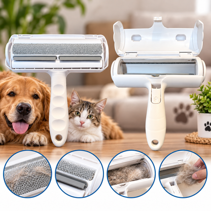 Pawelixa FurLift Pro pet hair remover brush with happy dog and cat, demonstrating hair collection features.