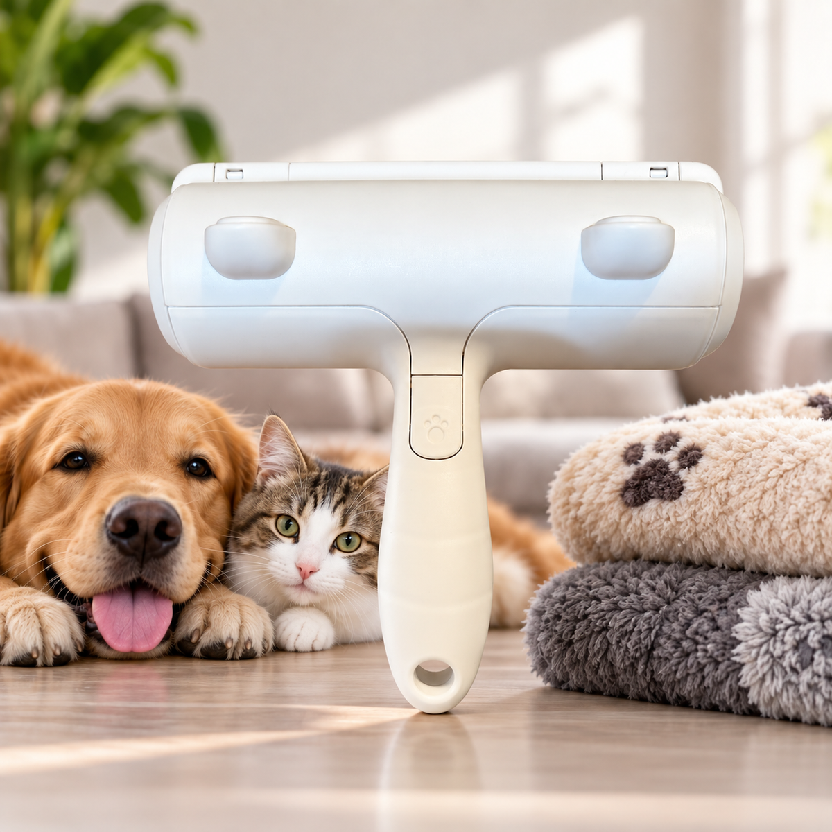 Pawelixa FurLift Pro pet hair remover brush next to a dog and cat on a cozy floor with blankets.