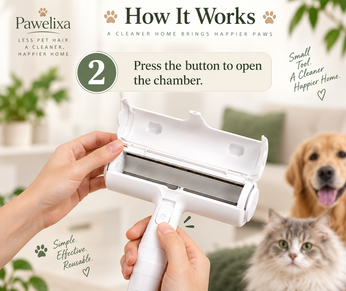 Pawelixa FurLift Pro pet hair remover brush in use, showing how to open the chamber for easy cleaning.